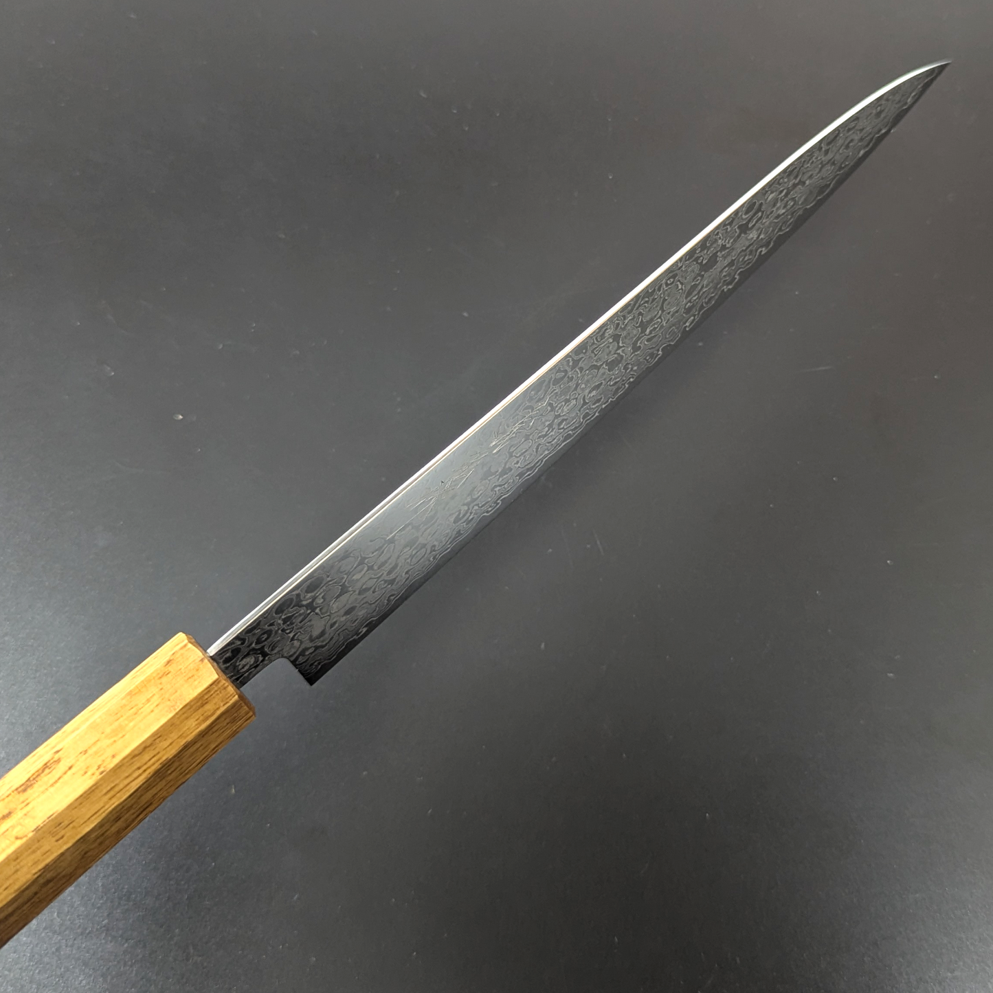 Yoshihiro AUS10 Hammered Damasucus Japanese Santoku, Oakwood Burnt Pattern Lacquer Finish Handle