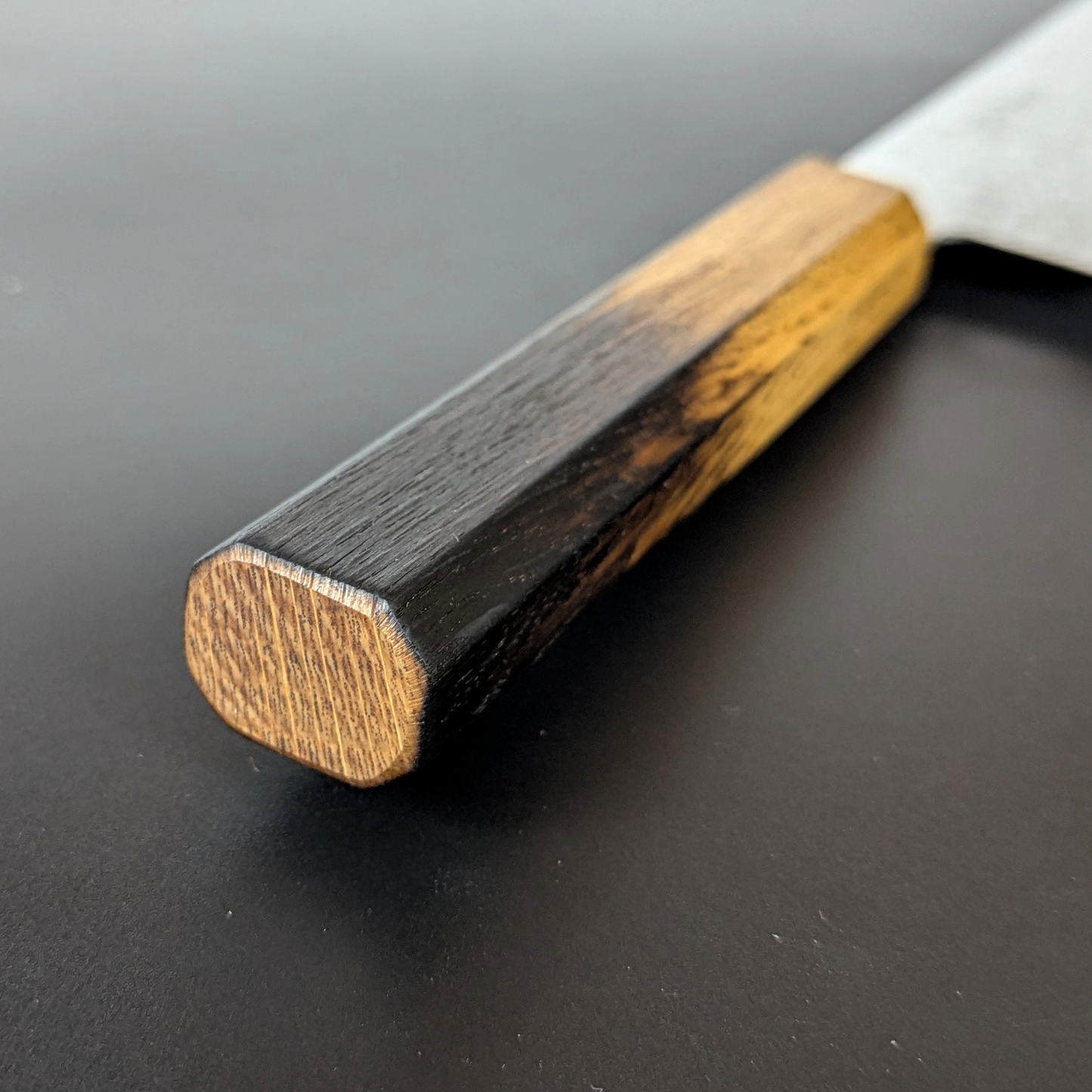 Yoshihiro AUS10 Hammered Damasucus Japanese Santoku, Oakwood Burnt Pattern Lacquer Finish Handle