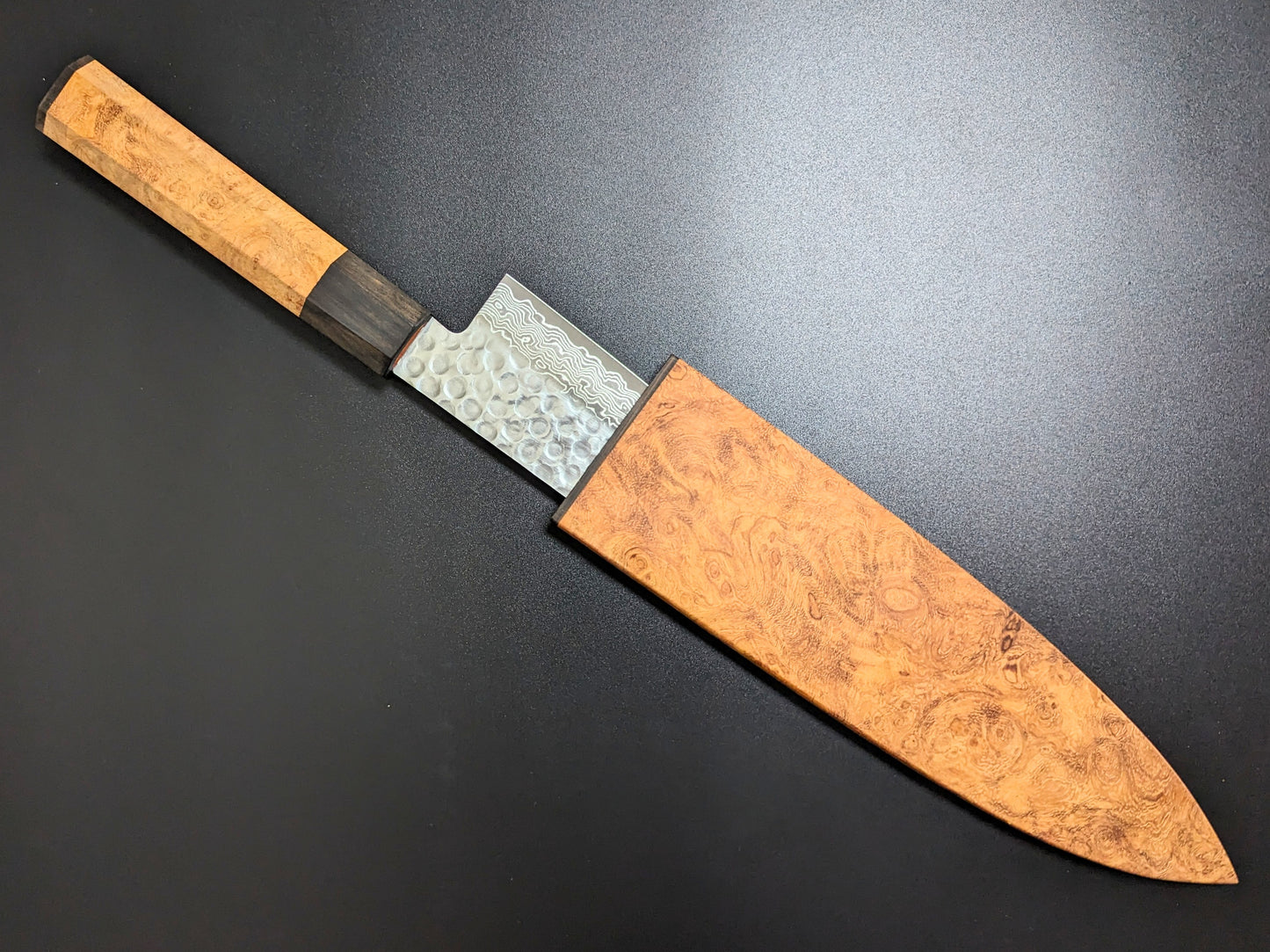 Yoshihiro AUS10 Tsuchime Damascus Santoku 180mm Narra Handle & Sheath