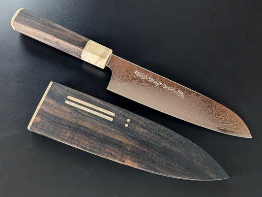 Cuchillo Santoku de Damasco Yoshihiro ZA18 de 180 mm con funda de madera de primera calidad