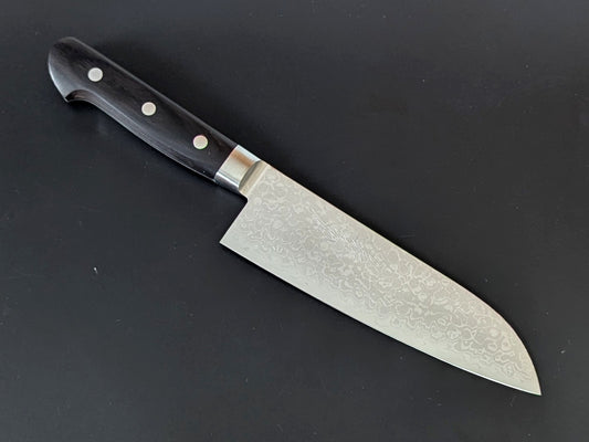 Yoshihiro VG10 Migaki Damascus Santoku 165mm Black Plywood Handle