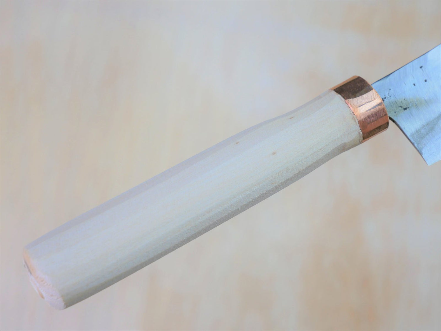 Hand carved wooden handle of Shirogami No.3 Nakiri made by Tsutomu Takahashi