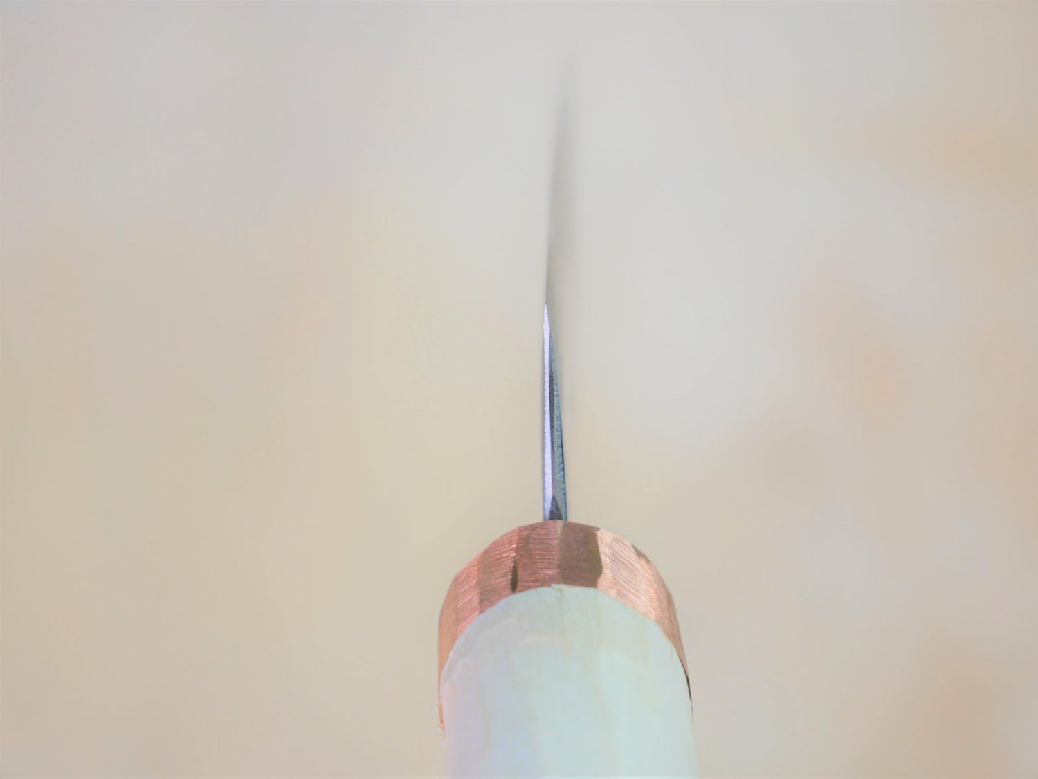 Heel of 130mm Shirogami No.3 Santoku forged by Tsutomu Takahashi