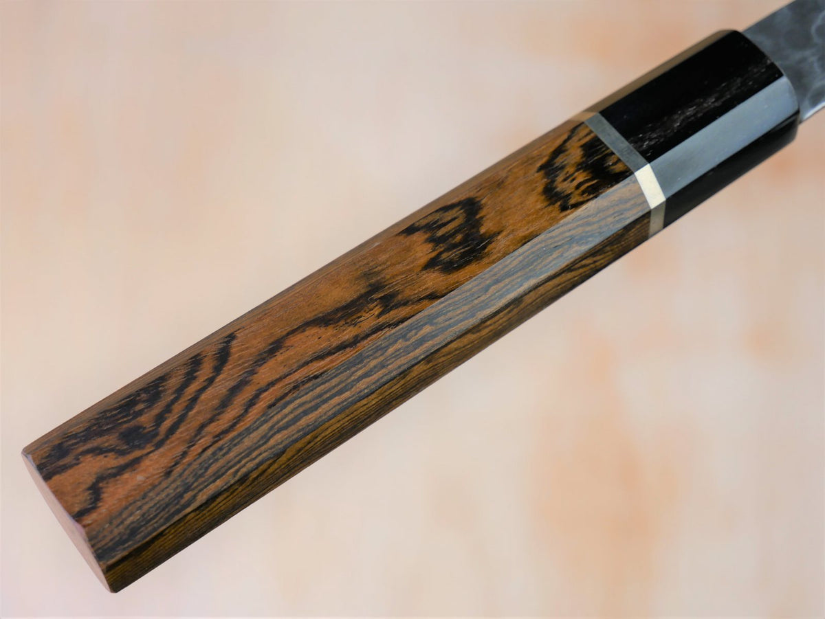 Japanese style wooden handle of 210 mm VG10 hammered Gyuto made by Yamawaki Hamono